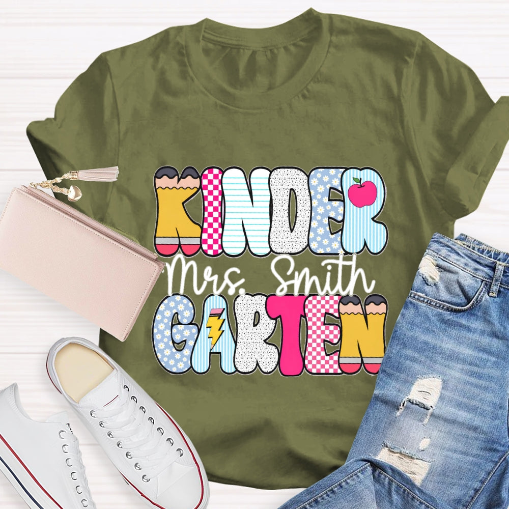 Personalized Kindergarten Teacher Name Checkerboard Polka Dot Design T-Shirt