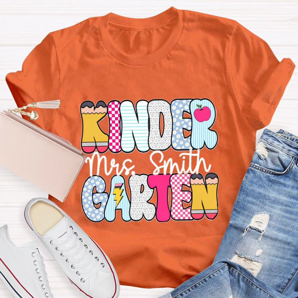Personalized Kindergarten Teacher Name Checkerboard Polka Dot Design T-Shirt