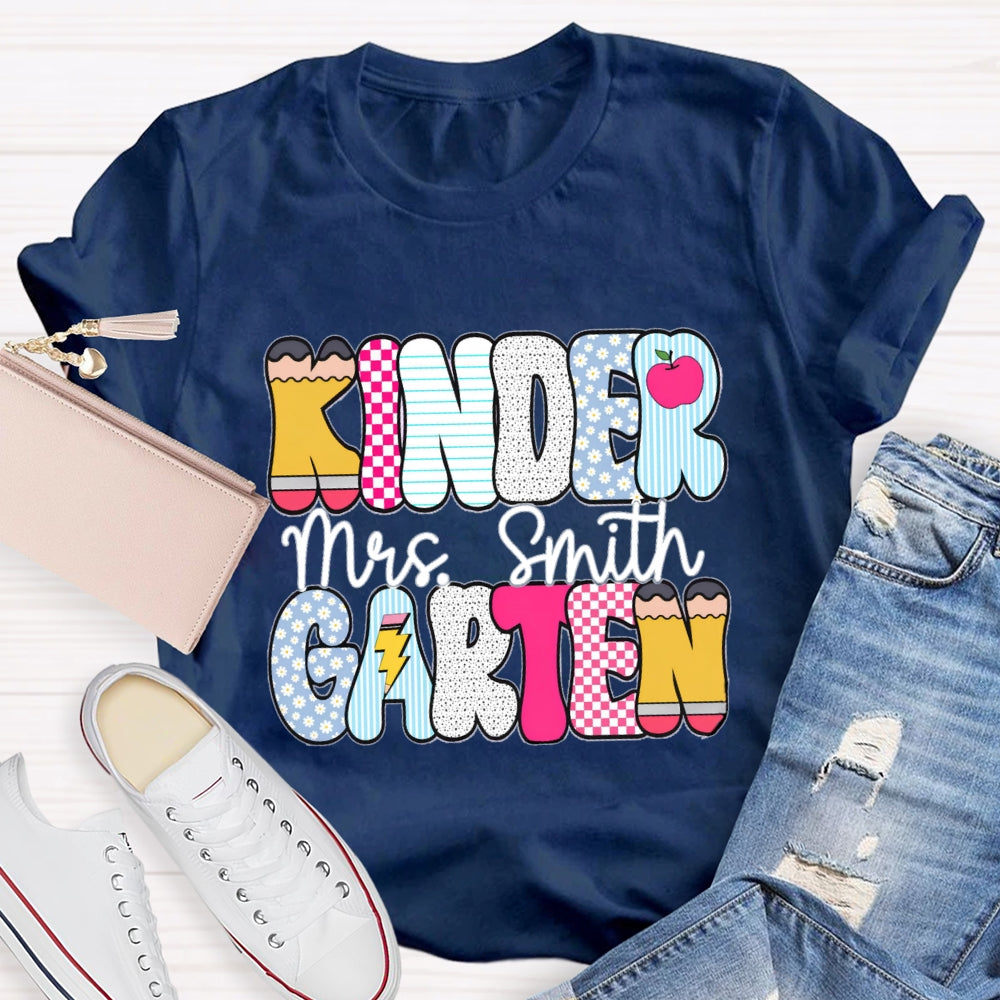 Personalized Kindergarten Teacher Name Checkerboard Polka Dot Design T-Shirt