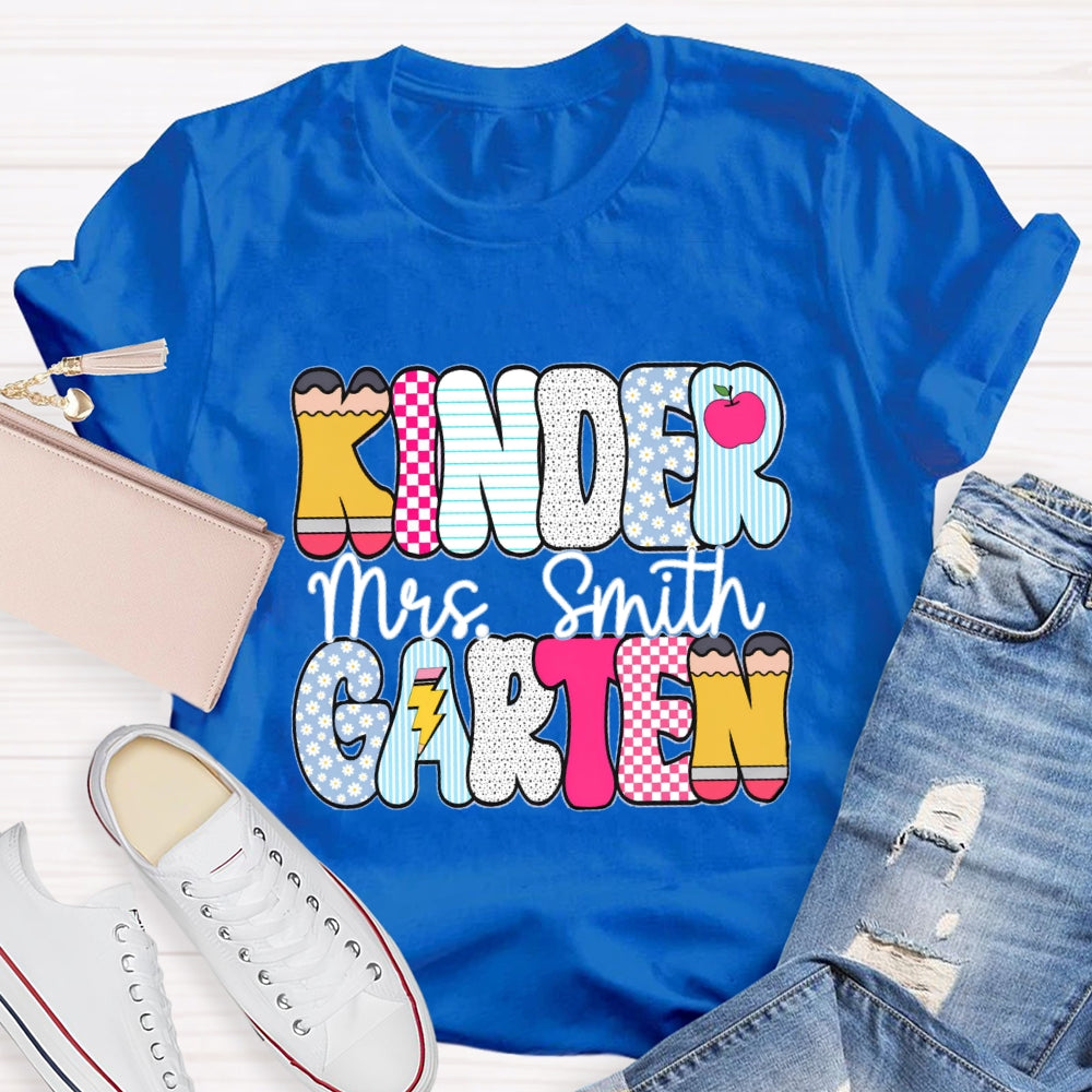 Personalized Kindergarten Teacher Name Checkerboard Polka Dot Design T-Shirt