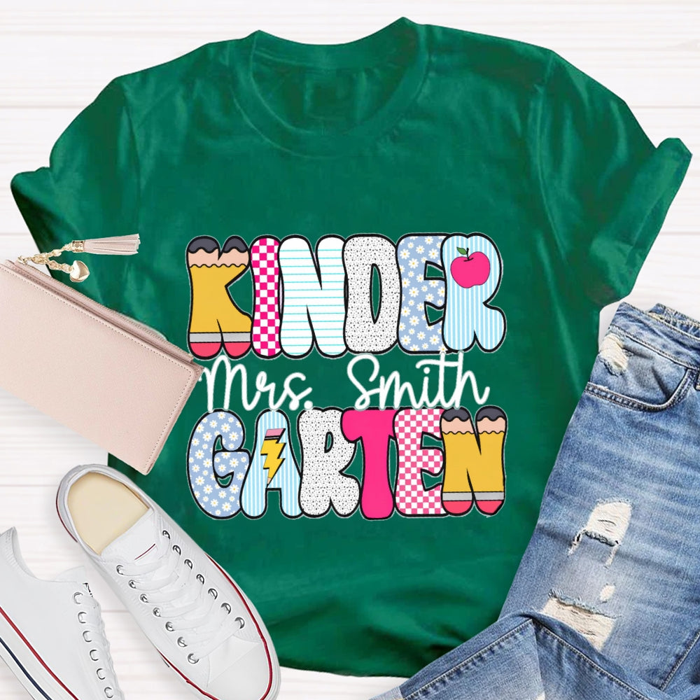 Personalized Kindergarten Teacher Name Checkerboard Polka Dot Design T-Shirt