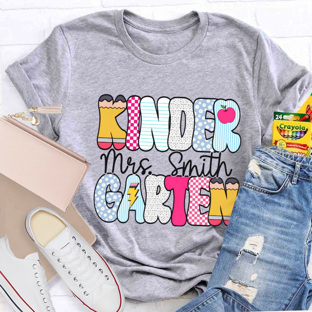 Personalized Kindergarten Teacher Name Checkerboard Polka Dot Design T-Shirt