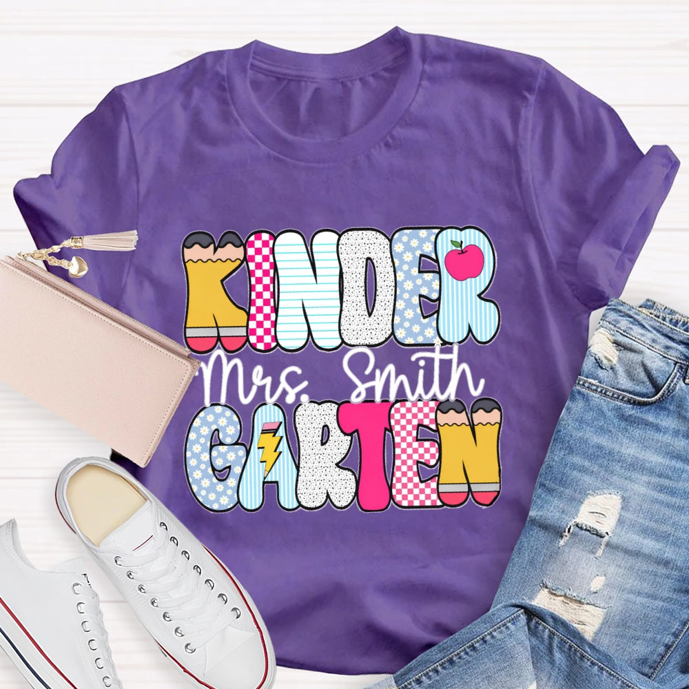 Personalized Kindergarten Teacher Name Checkerboard Polka Dot Design T-Shirt