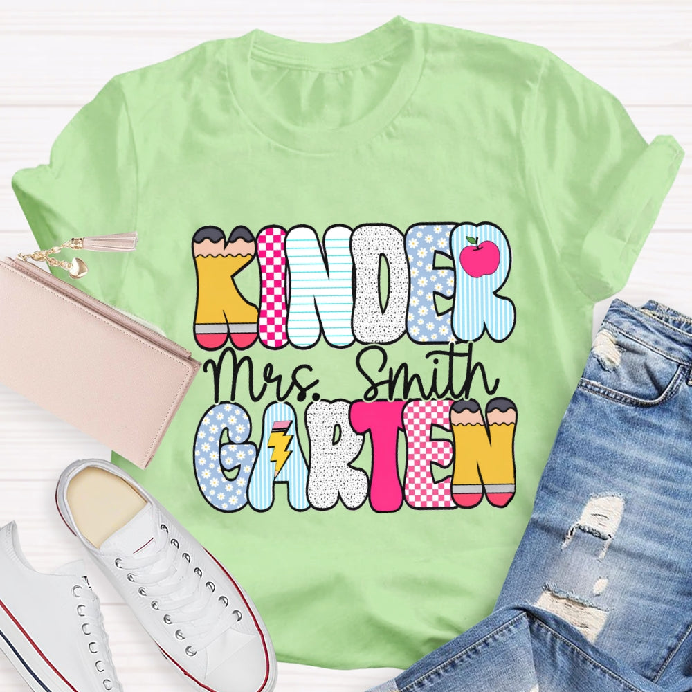 Personalized Kindergarten Teacher Name Checkerboard Polka Dot Design T-Shirt