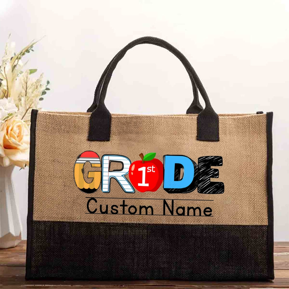 Personalized Name And Grade Red Apple Cotton Tote Bag