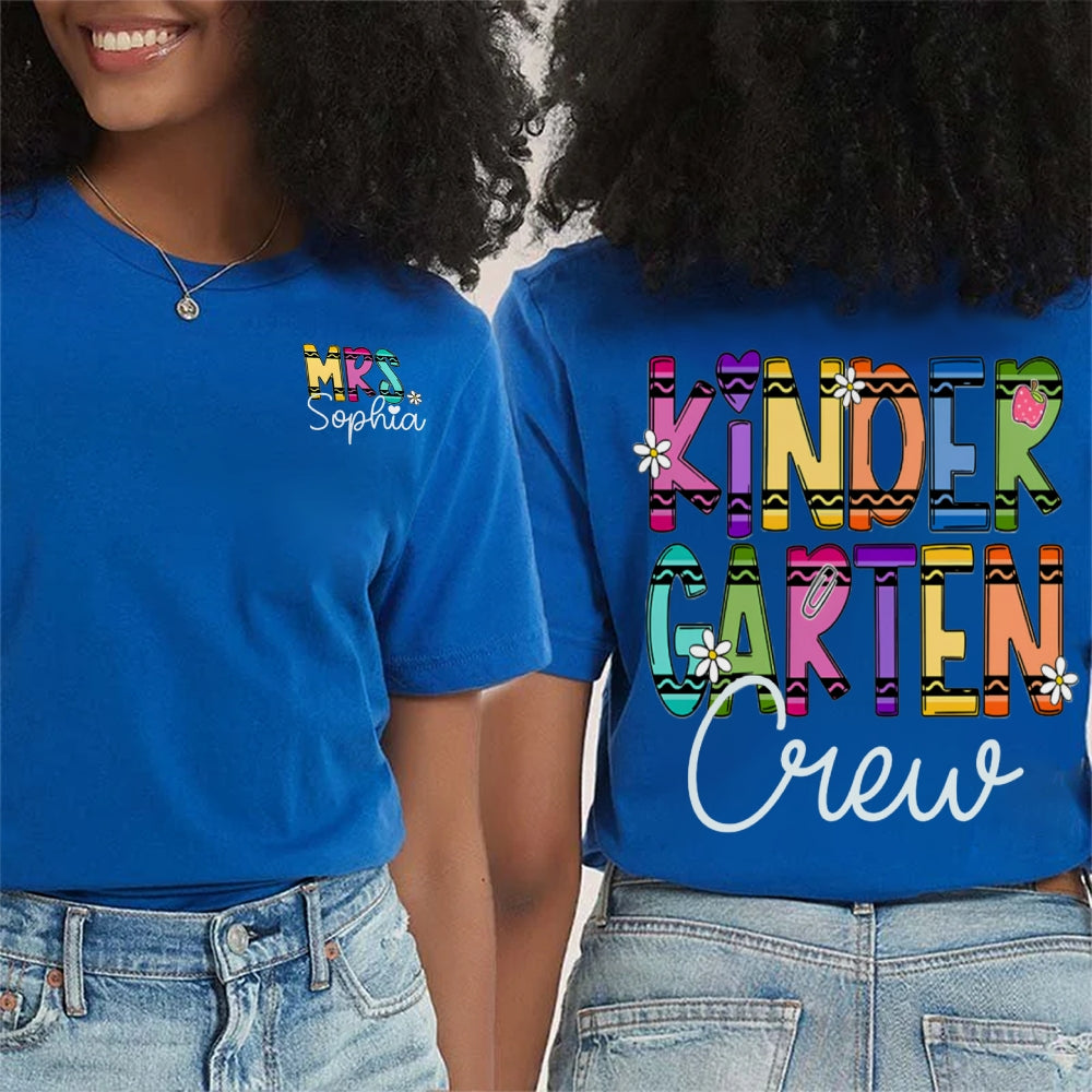 Personalized Name And Grade Kindergarten Crew Wavy Letters Double Printed T-shirt