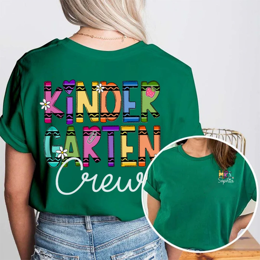 Personalized Name And Grade Kindergarten Crew Wavy Letters Double Printed T-shirt
