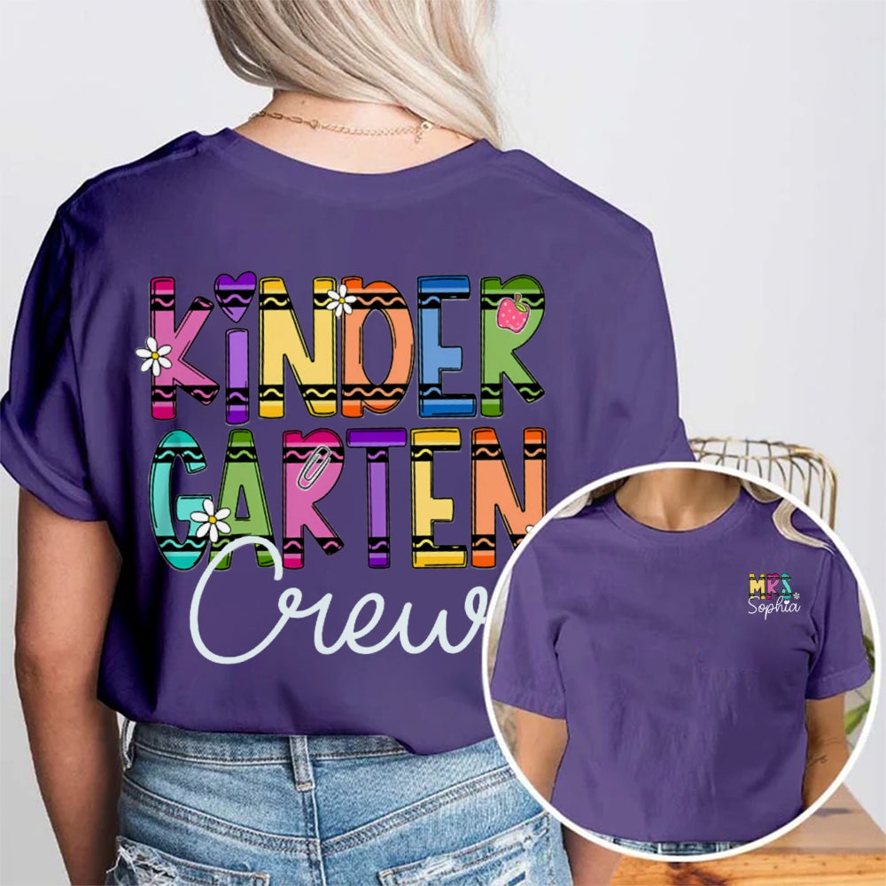 Personalized Name And Grade Kindergarten Crew Wavy Letters Double Printed T-shirt