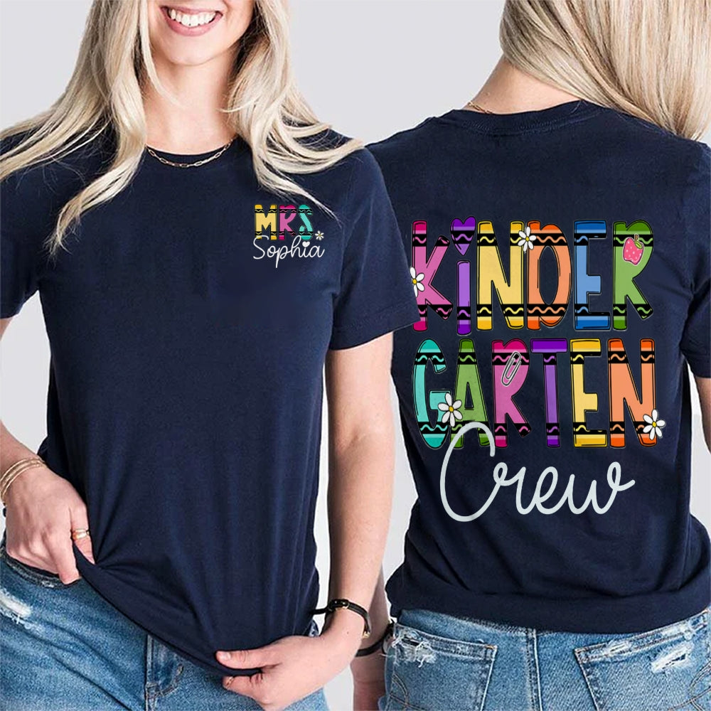 Personalized Name And Grade Kindergarten Crew Wavy Letters Double Printed T-shirt