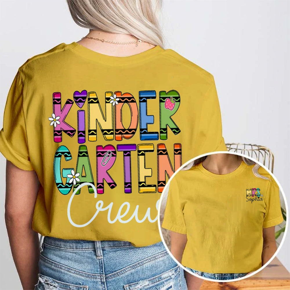 Personalized Name And Grade Kindergarten Crew Wavy Letters Double Printed T-shirt