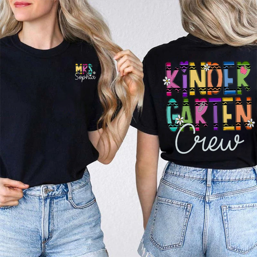 Personalized Name And Grade Kindergarten Crew Wavy Letters Double Printed T-shirt
