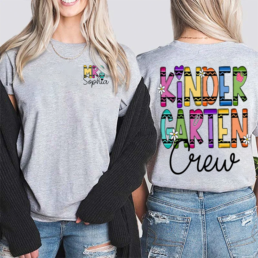 Personalized Name And Grade Kindergarten Crew Wavy Letters Double Printed T-shirt