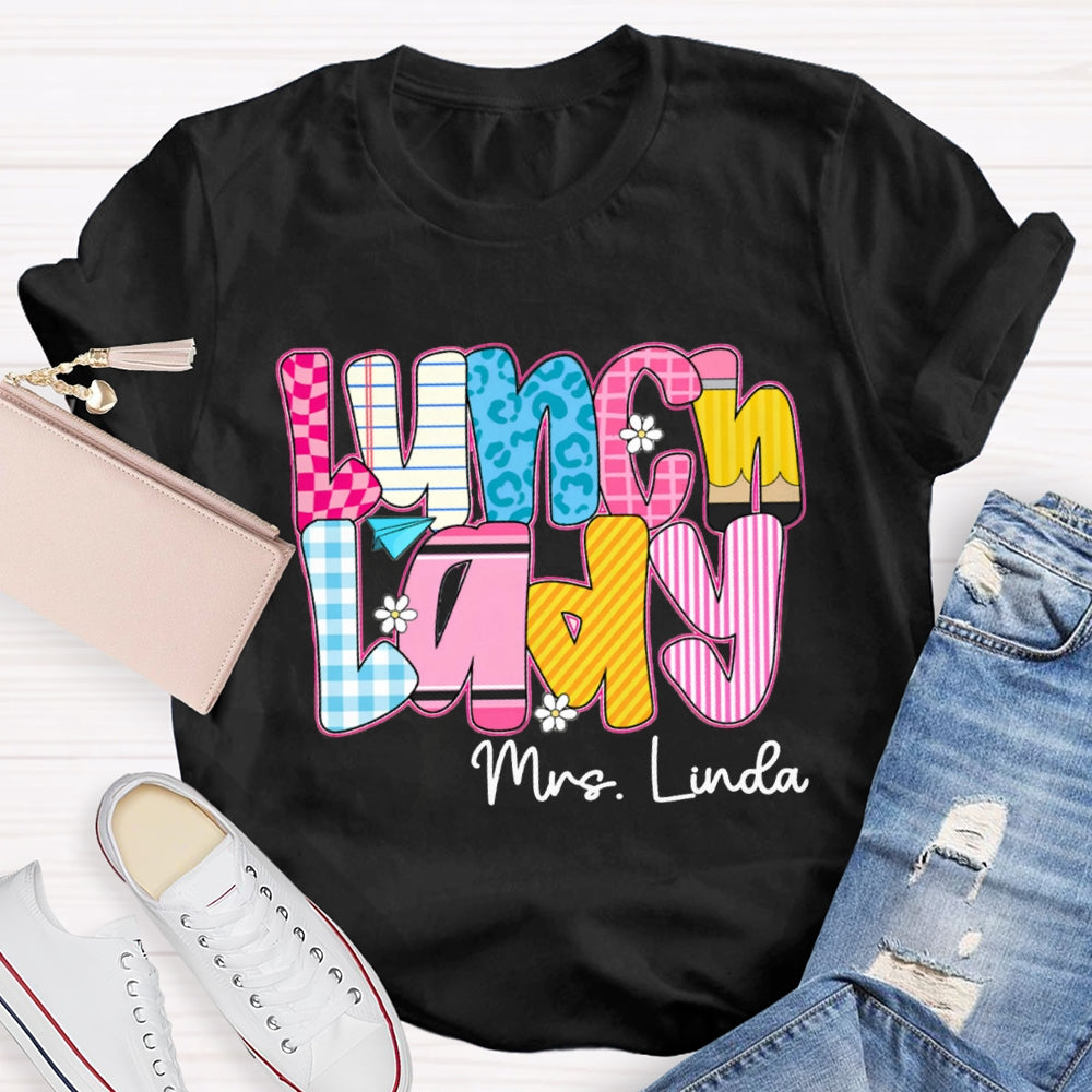Personalized Name Lunch Lady Checkered And Striped T-shirt