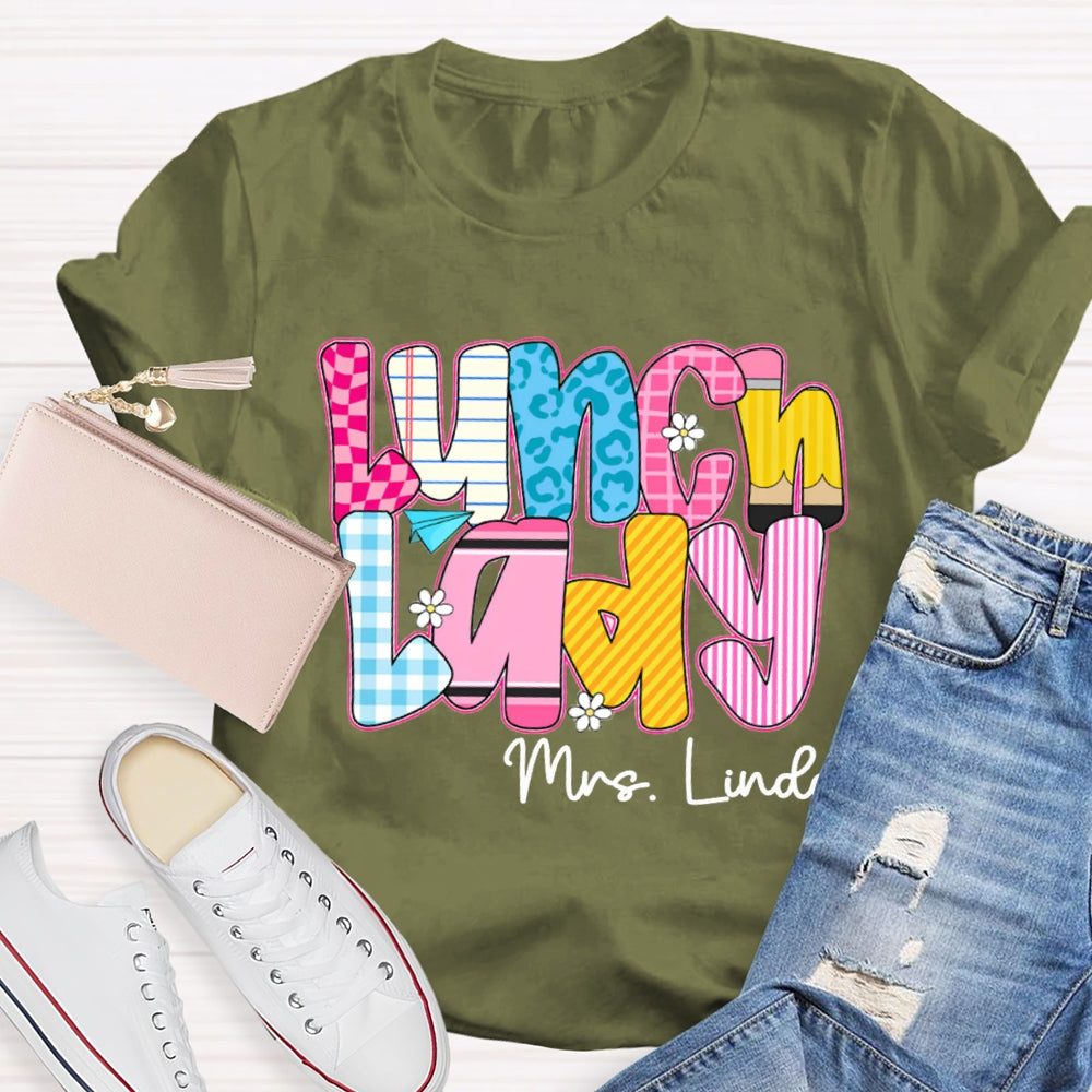 Personalized Name Lunch Lady Checkered And Striped T-shirt