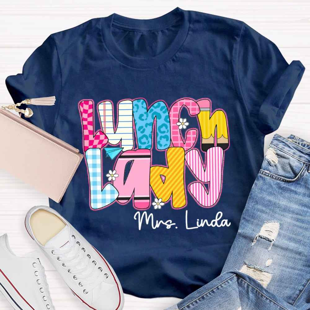 Personalized Name Lunch Lady Checkered And Striped T-shirt