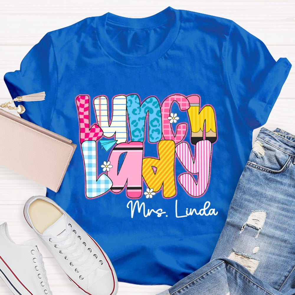 Personalized Name Lunch Lady Checkered And Striped T-shirt