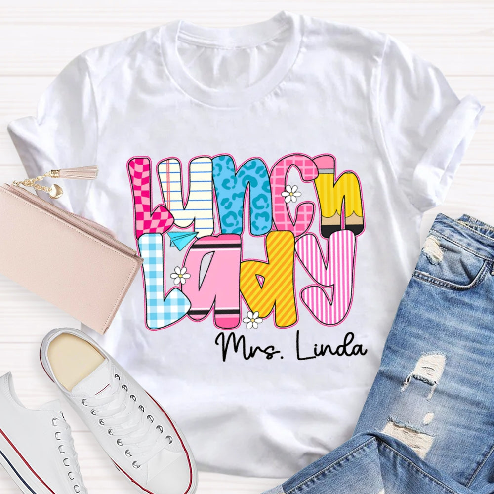 Personalized Name Lunch Lady Checkered And Striped T-shirt