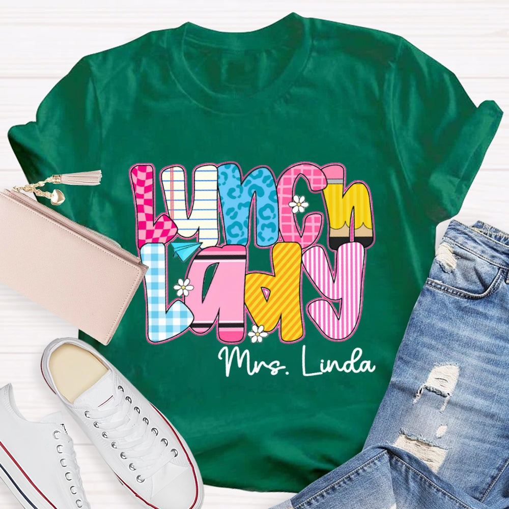 Personalized Name Lunch Lady Checkered And Striped T-shirt