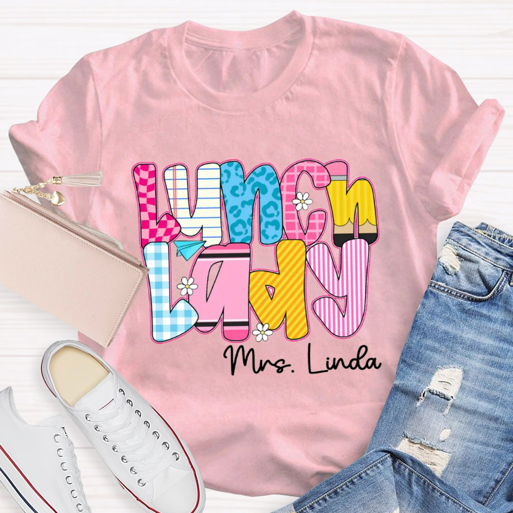 Personalized Name Lunch Lady Checkered And Striped T-shirt