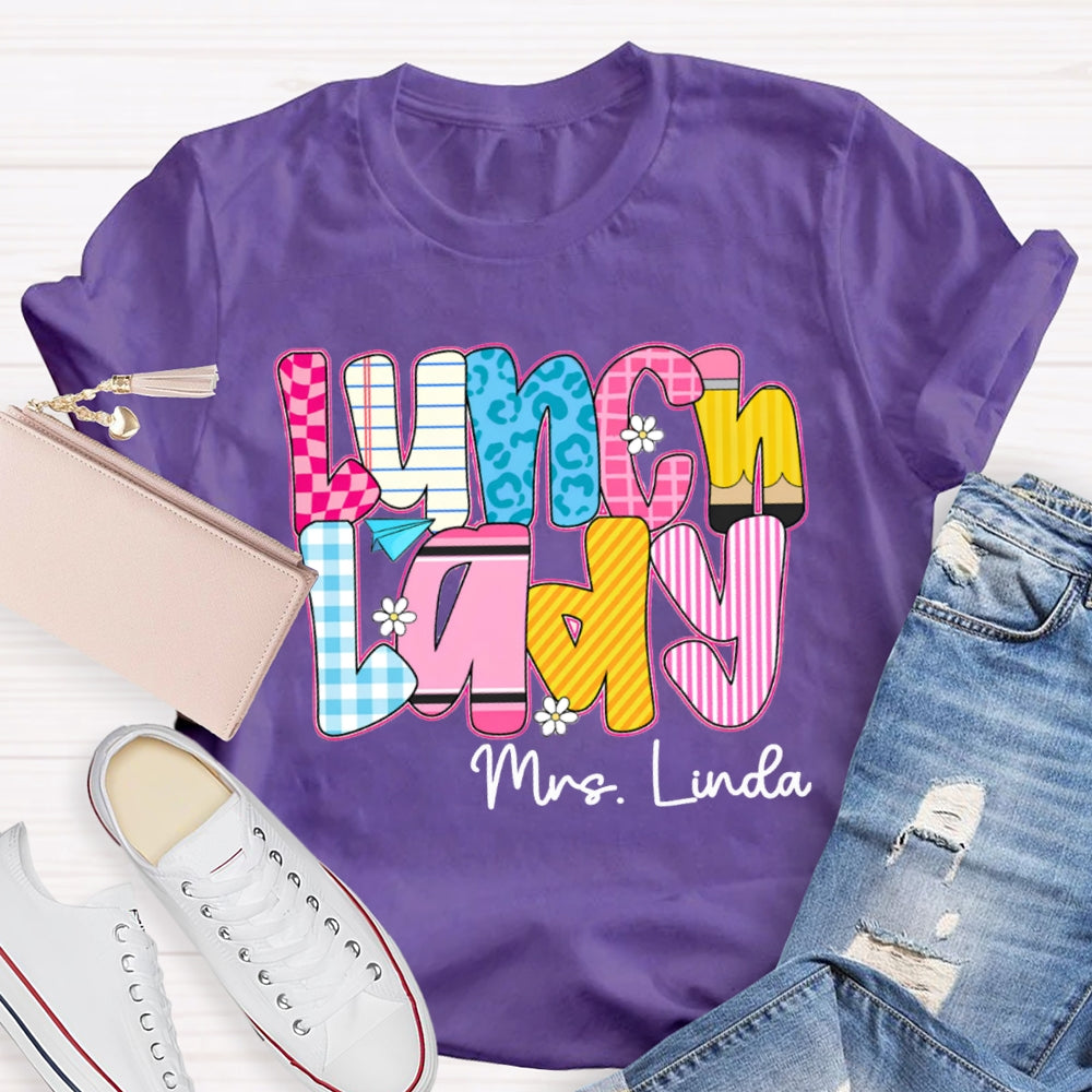 Personalized Name Lunch Lady Checkered And Striped T-shirt