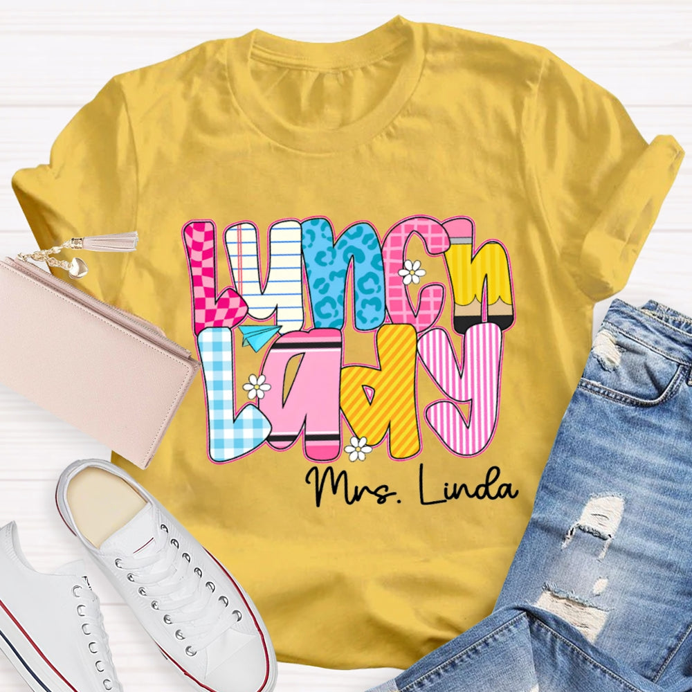 Personalized Name Lunch Lady Checkered And Striped T-shirt