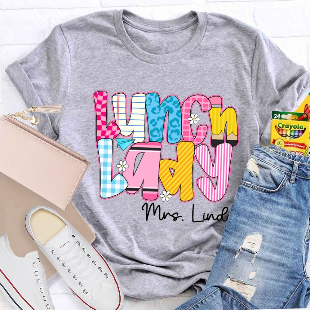Personalized Name Lunch Lady Checkered And Striped T-shirt