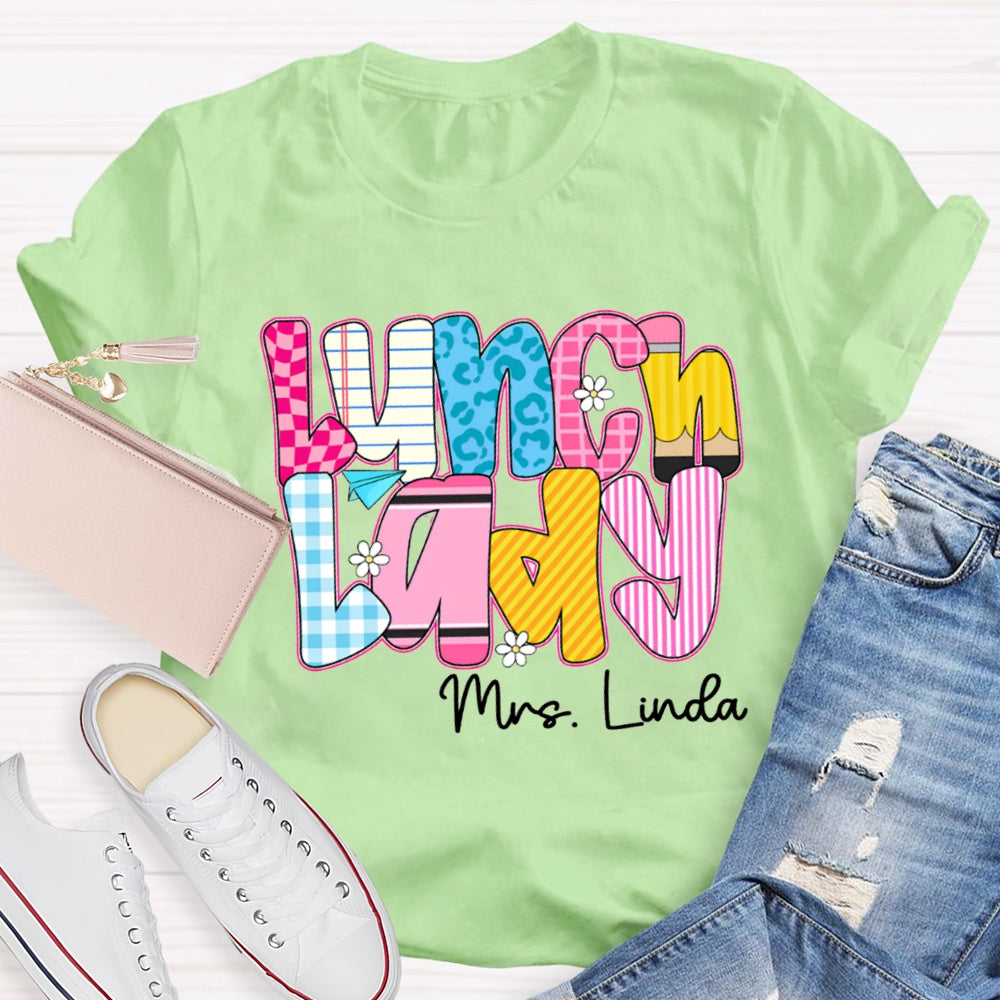 Personalized Name Lunch Lady Checkered And Striped T-shirt