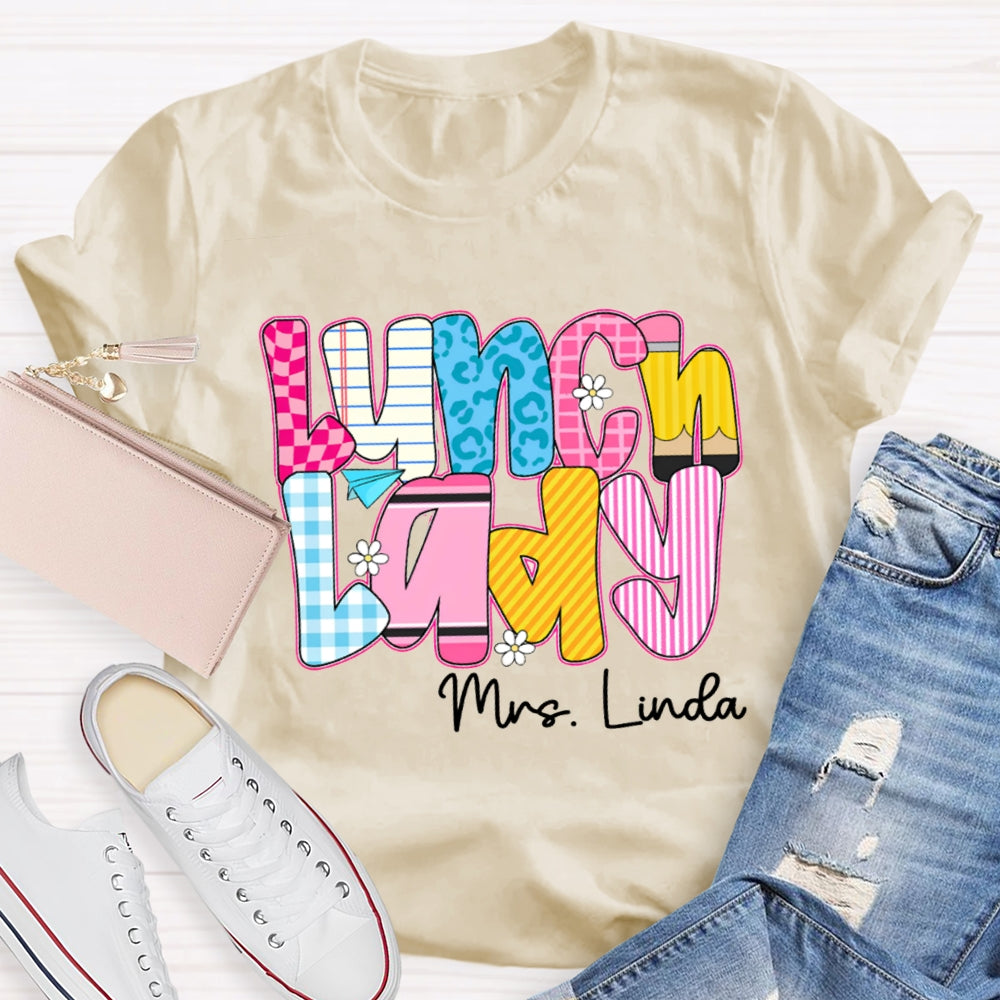 Personalized Name Lunch Lady Checkered And Striped T-shirt
