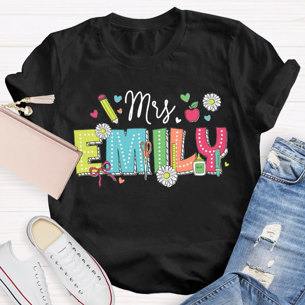 Personalized Name Back To School Daisies And Hearts Teacher T-shirt