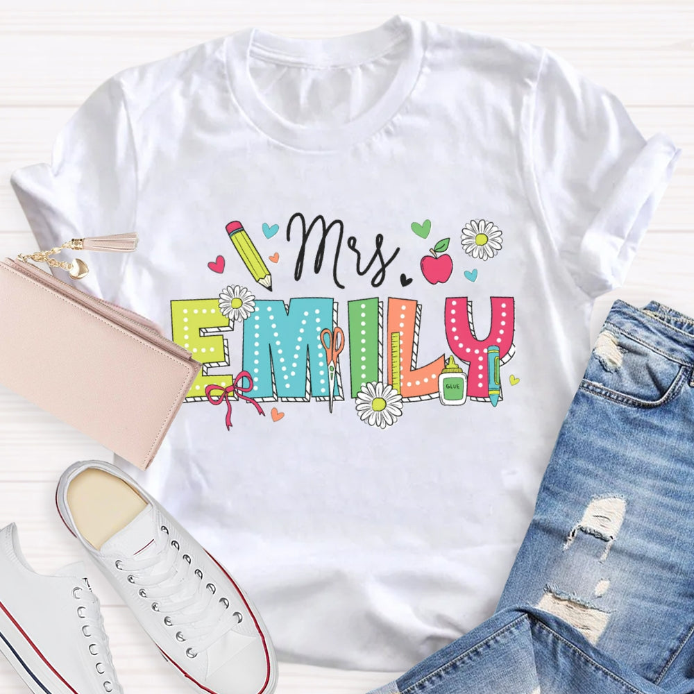 Personalized Name Back To School Daisies And Hearts Teacher T-shirt