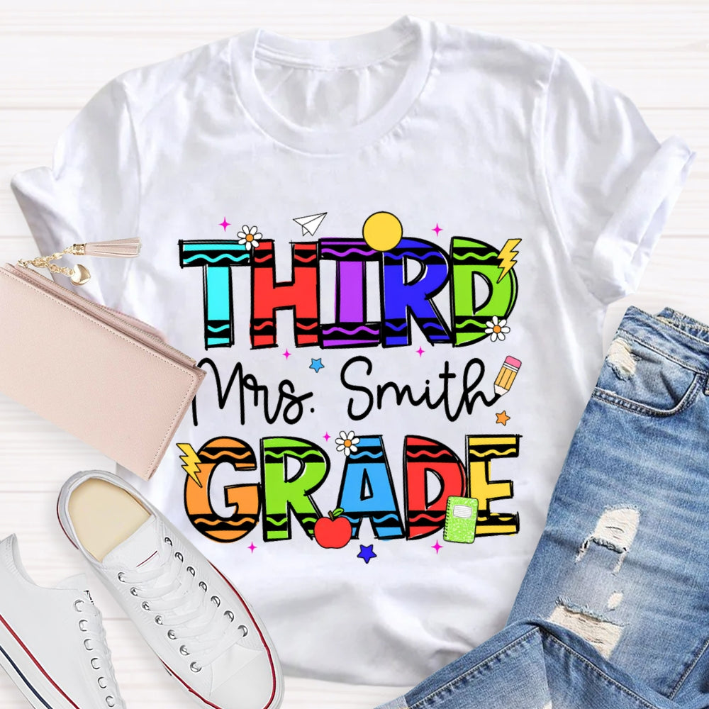 Personalized Name And Grade Third Grade Colorful Wavy Letters T-shirt