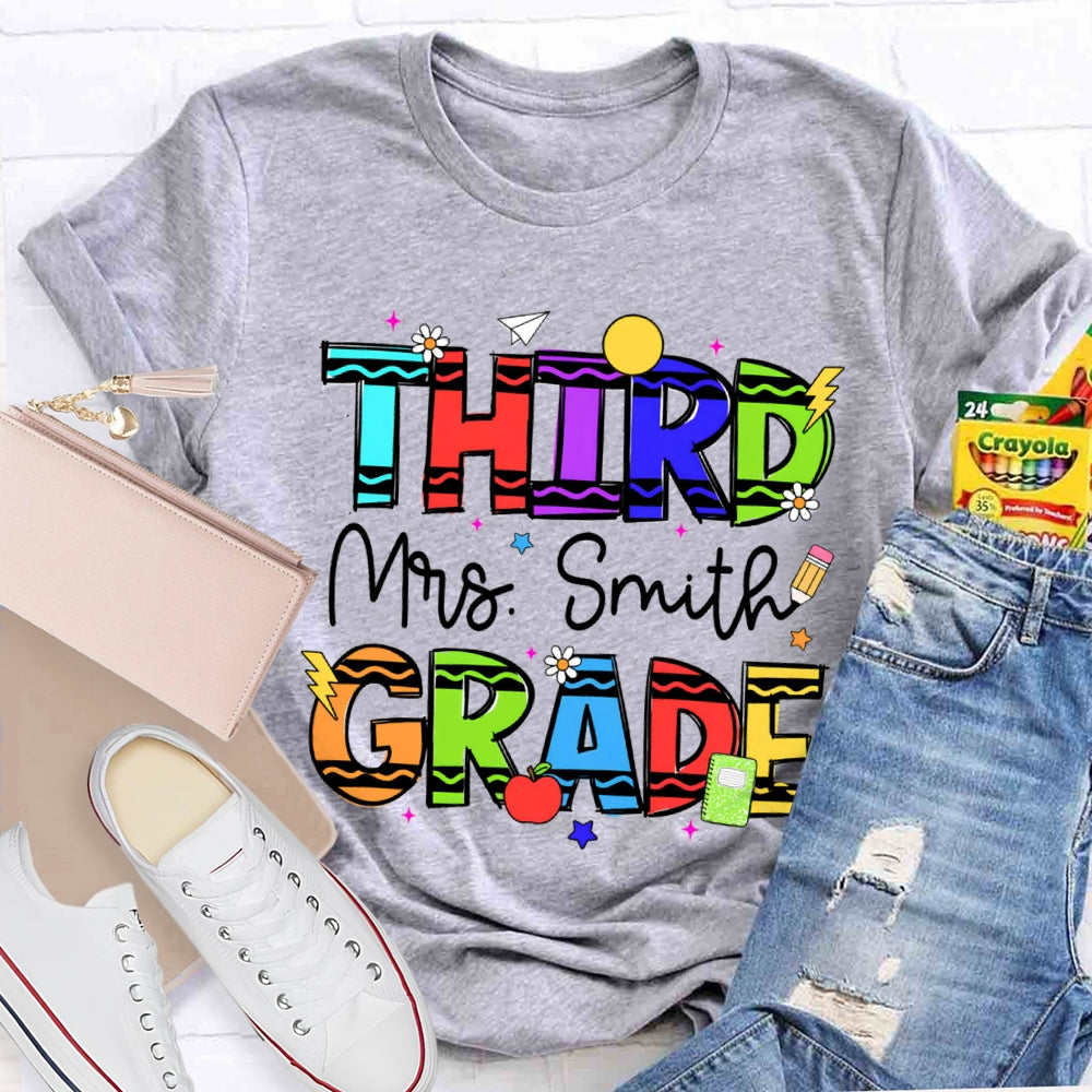 Personalized Name And Grade Third Grade Colorful Wavy Letters T-shirt