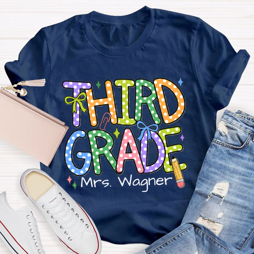 Personalized Name And Grade Colorful Polka Dot Letter Print T-shirt