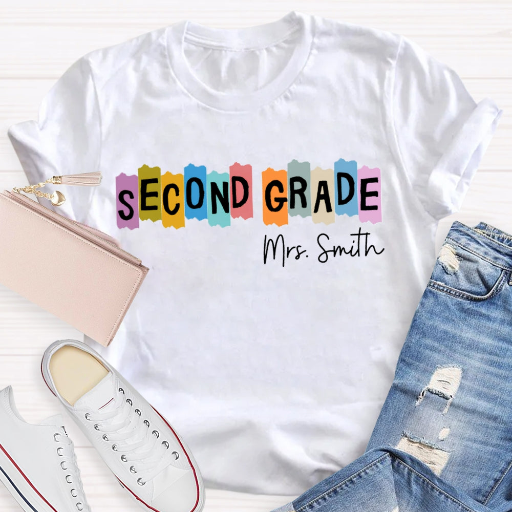 Personalized Name And Grade Second Grade Colored Squares Teacher T-shirt