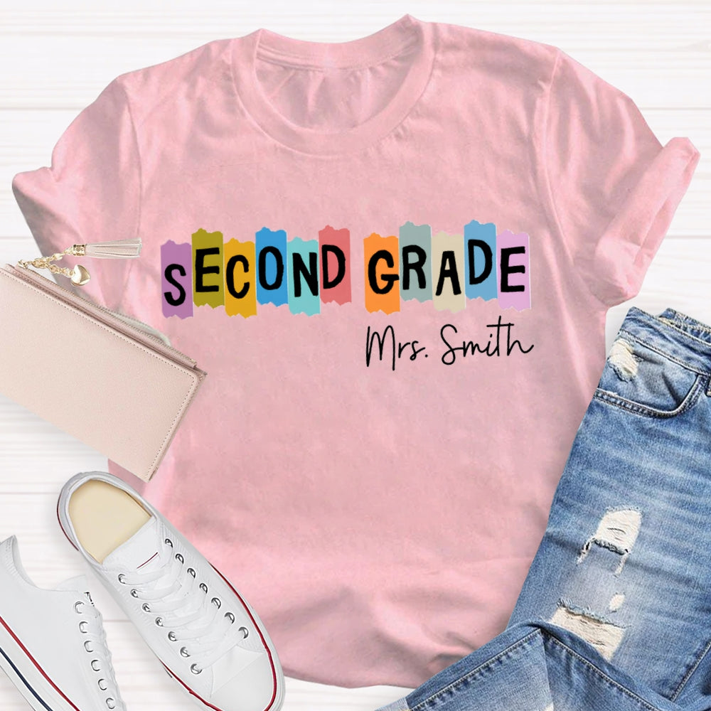 Personalized Name And Grade Second Grade Colored Squares Teacher T-shirt