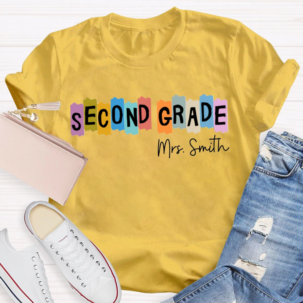 Personalized Name And Grade Second Grade Colored Squares Teacher T-shirt