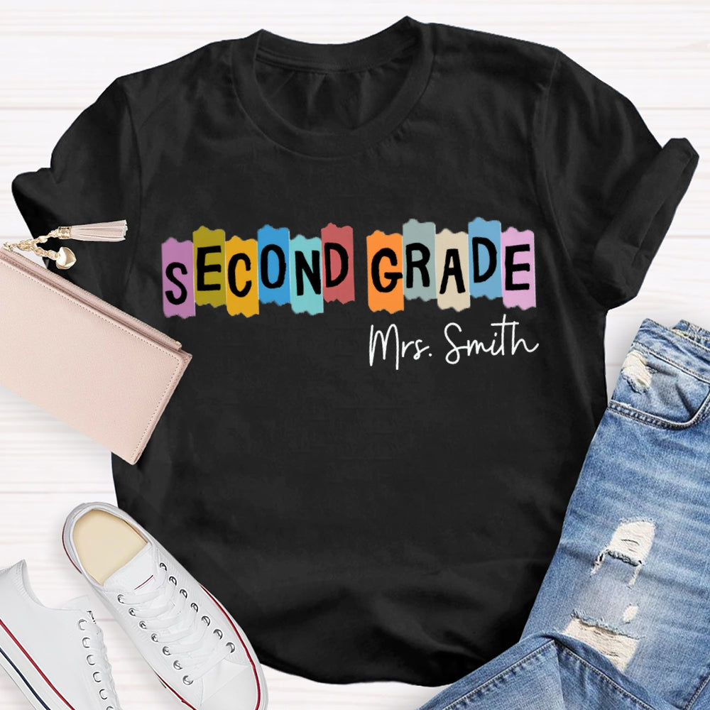 Personalized Name And Grade Second Grade Colored Squares Teacher T-shirt