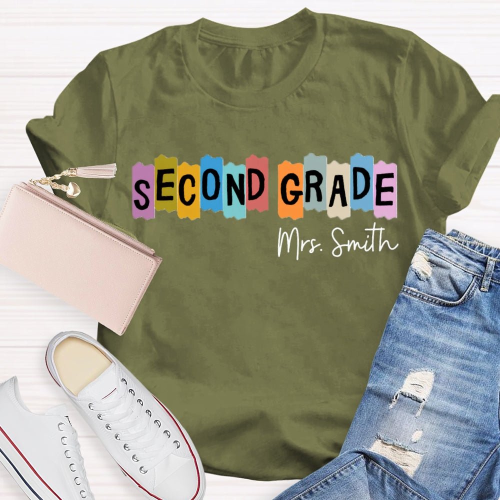 Personalized Name And Grade Second Grade Colored Squares Teacher T-shirt