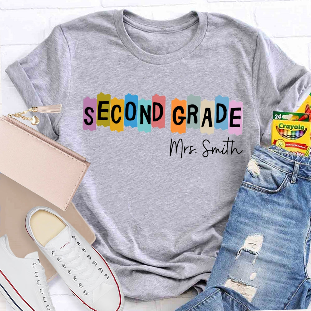 Personalized Name And Grade Second Grade Colored Squares Teacher T-shirt