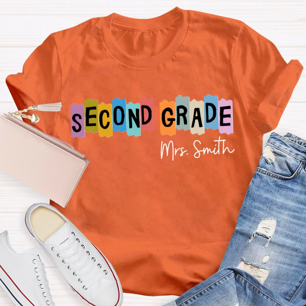 Personalized Name And Grade Second Grade Colored Squares Teacher T-shirt