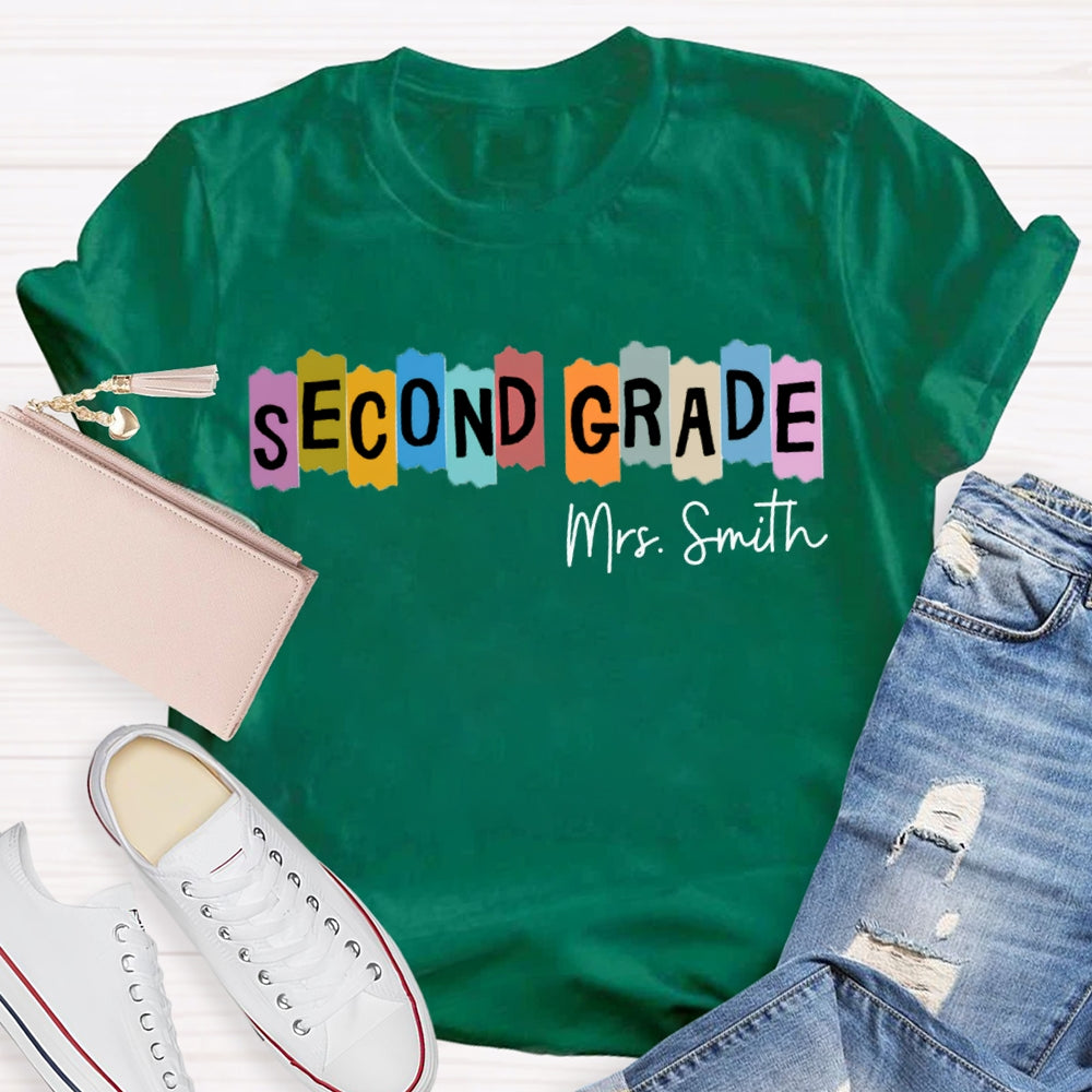 Personalized Name And Grade Second Grade Colored Squares Teacher T-shirt