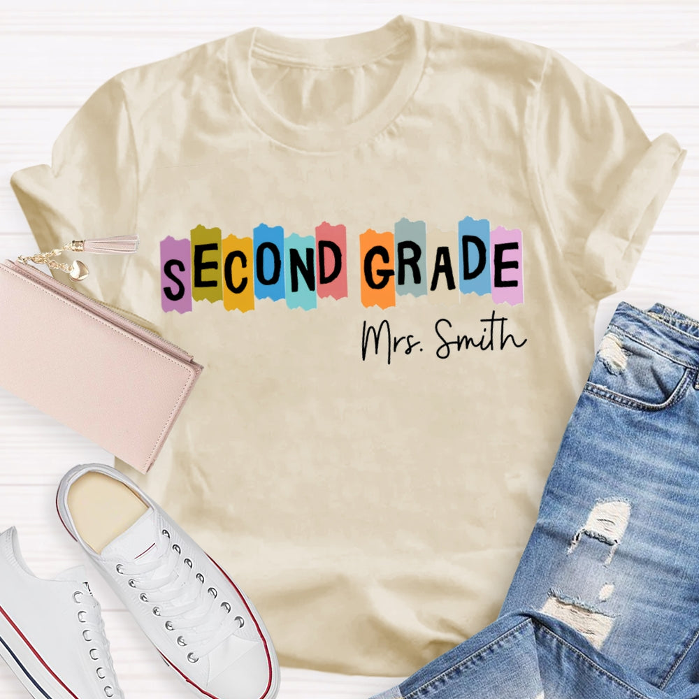 Personalized Name And Grade Second Grade Colored Squares Teacher T-shirt