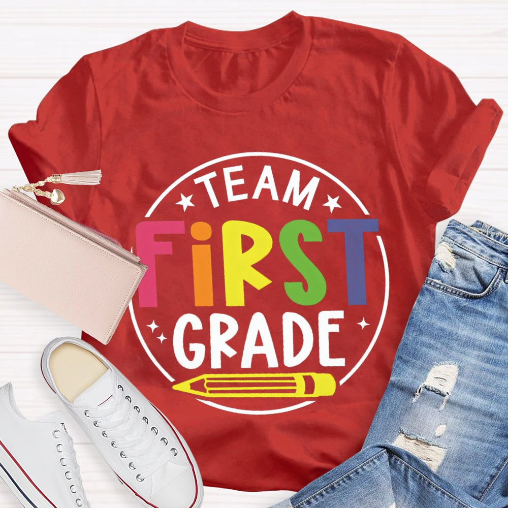 Personalized Grade First Grade Team Yellow Pencil Teacher T-shirt