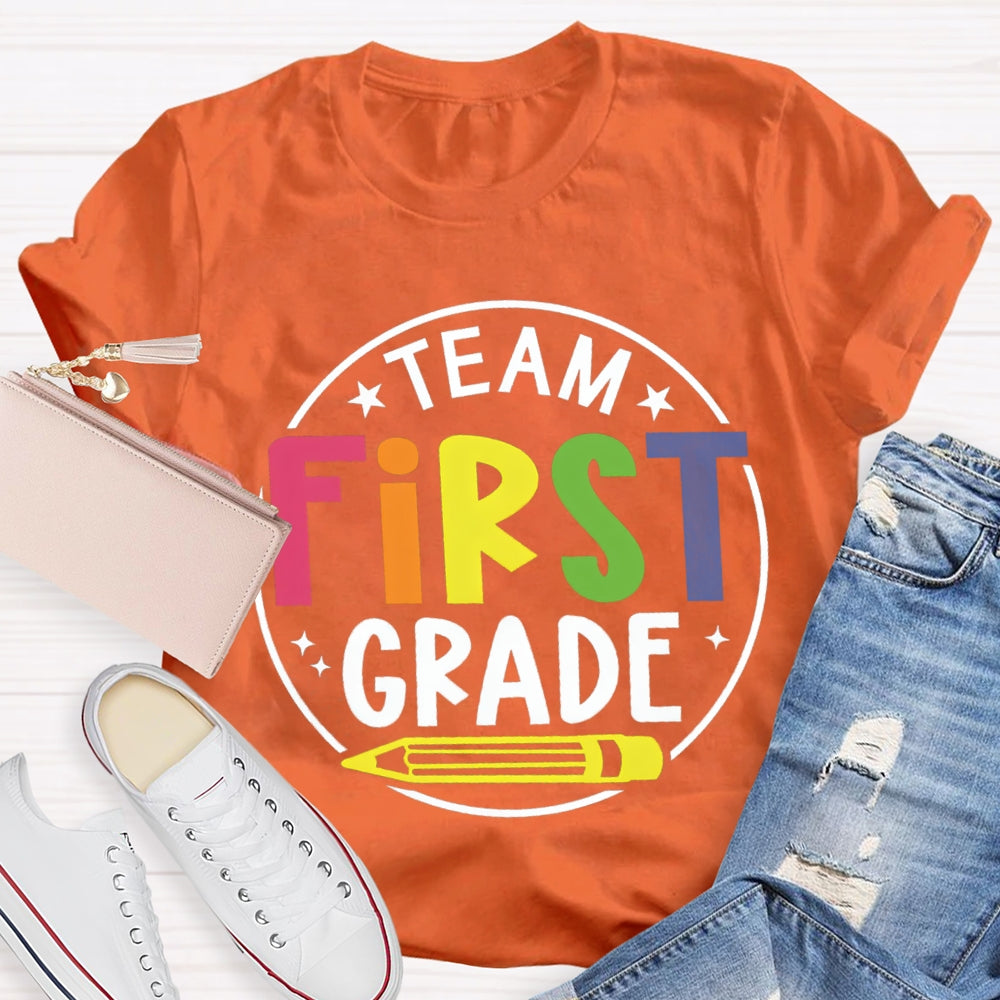 Personalized Grade First Grade Team Yellow Pencil Teacher T-shirt