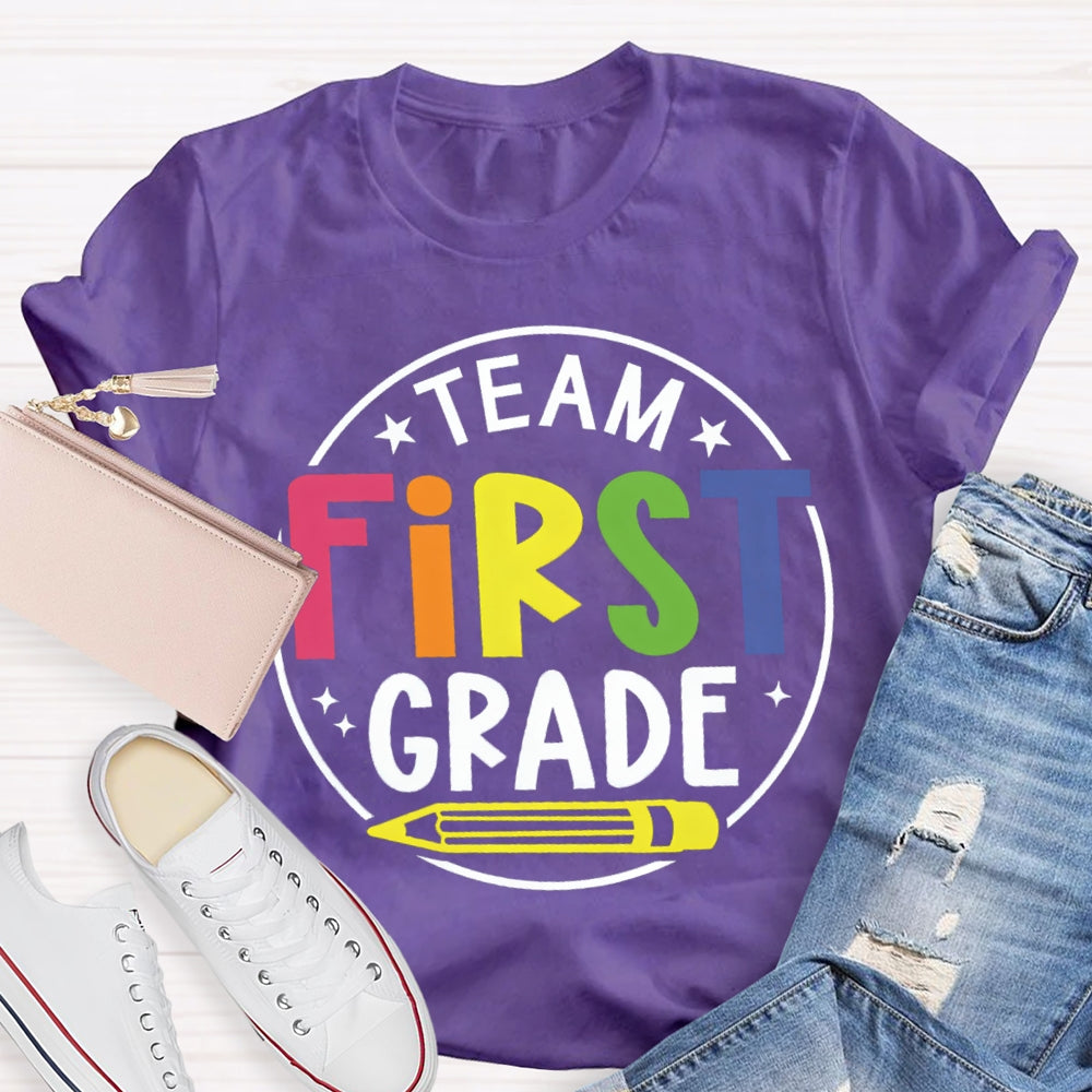 Personalized Grade First Grade Team Yellow Pencil Teacher T-shirt
