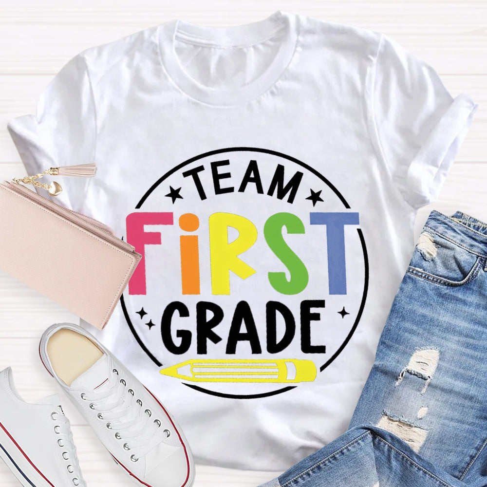 Personalized Grade First Grade Team Yellow Pencil Teacher T-shirt