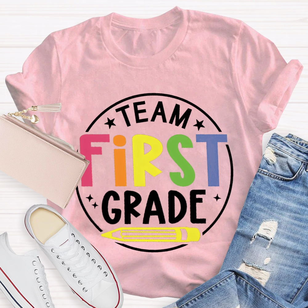 Personalized Grade First Grade Team Yellow Pencil Teacher T-shirt