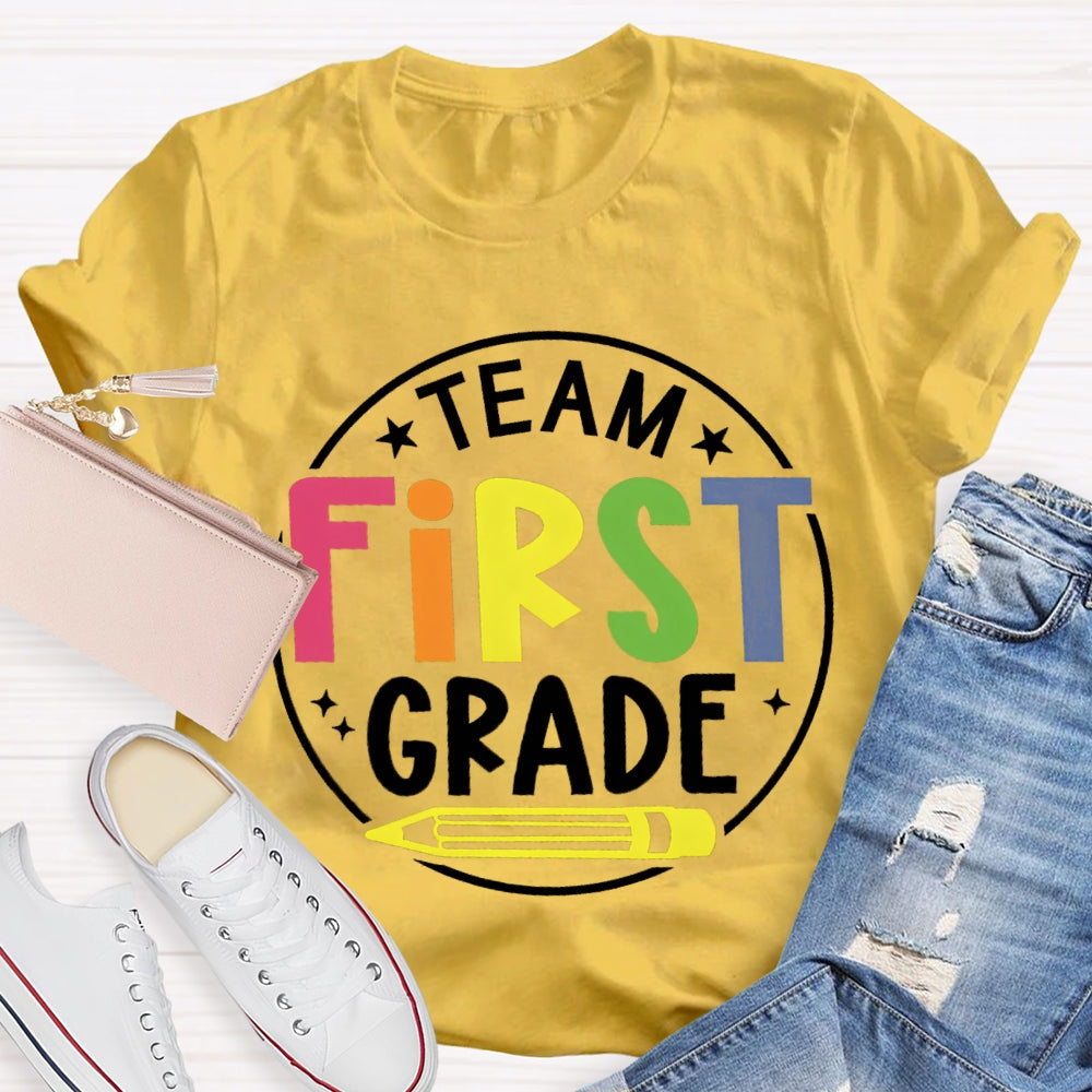 Personalized Grade First Grade Team Yellow Pencil Teacher T-shirt