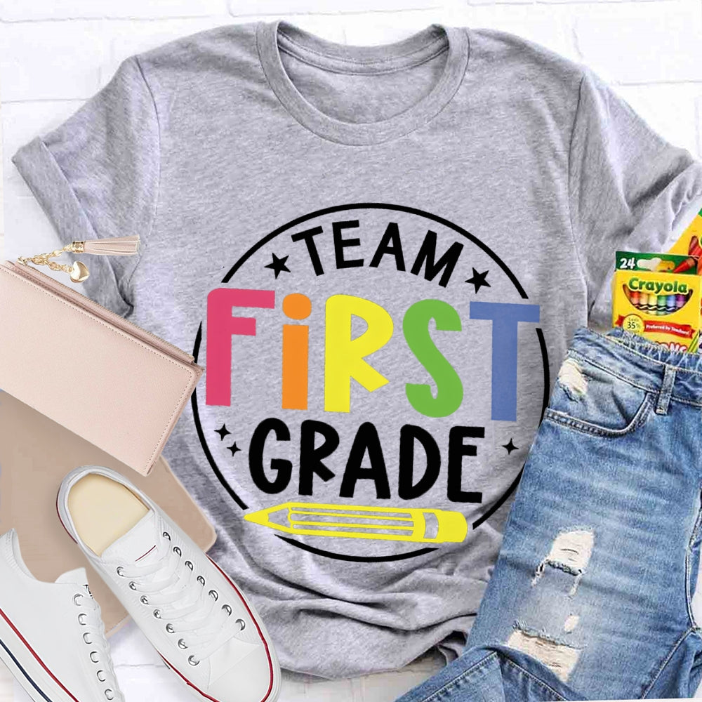 Personalized Grade First Grade Team Yellow Pencil Teacher T-shirt