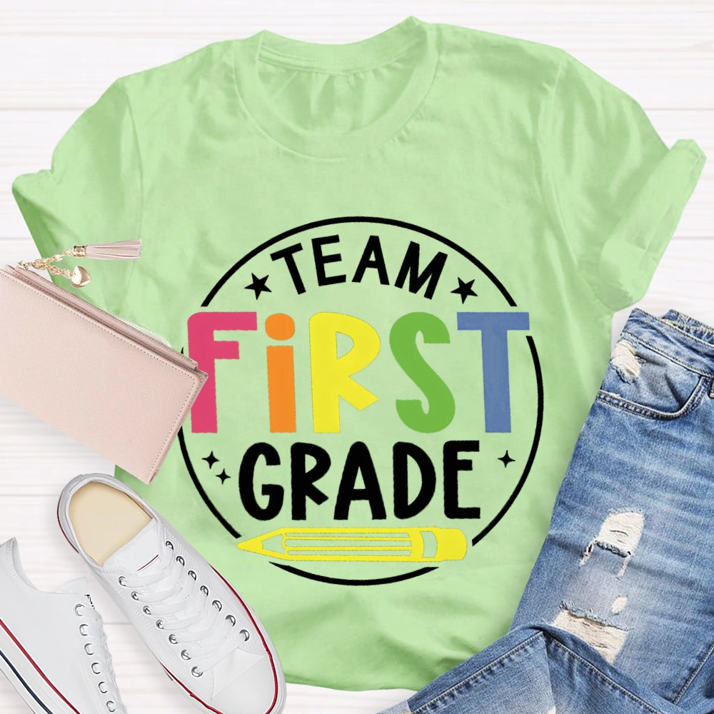 Personalized Grade First Grade Team Yellow Pencil Teacher T-shirt